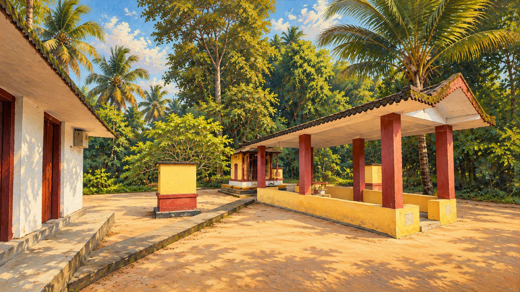 Painting of the grounds of Marangattu Kshetram in warm light: a red-pillared mandapam, small shrines and coconut palms