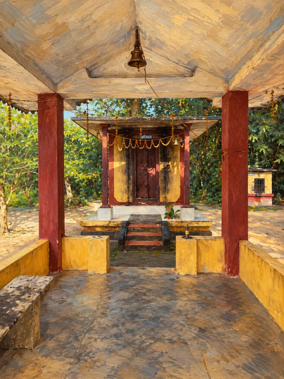 Painting of the Sreebhadra shrine, seen through a red-pillared mandapam with a hanging brass bell